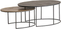 Set van twee ovale salontafels met bladen in zwartbrons en antiek messing op zwart metalen frame