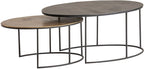 Set van twee ovale salontafels met bladen in zwartbrons en antiek messing op zwart metalen frame