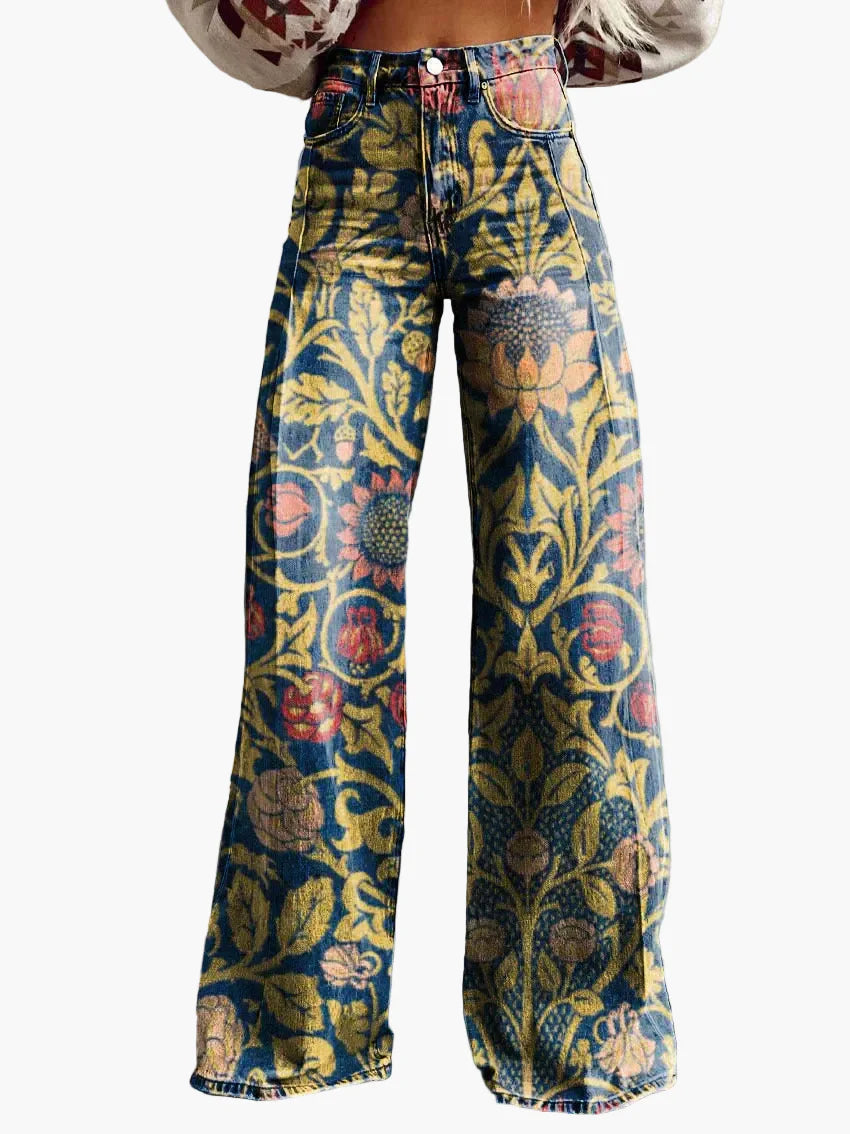 Women's Loose-Fitting Trousers Bohemian Old-Fashioned Style – Wide Pants with Flower Pattern for Leisure and Festival