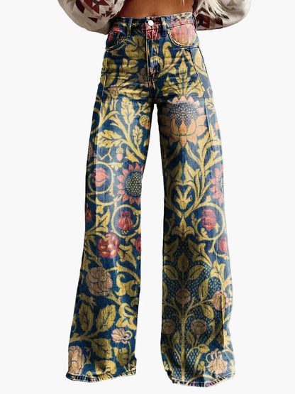 Women's Loose-Fitting Trousers Bohemian Old-Fashioned Style – Wide Pants with Flower Pattern for Leisure and Festival