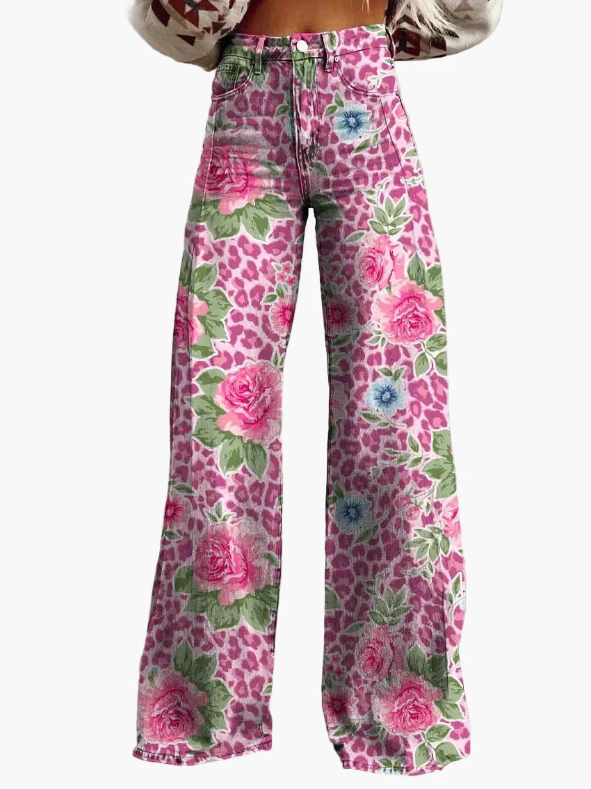Women's Loose-Fitting Trousers Bohemian Old-Fashioned Style – Wide Pants with Flower Pattern for Leisure and Festival