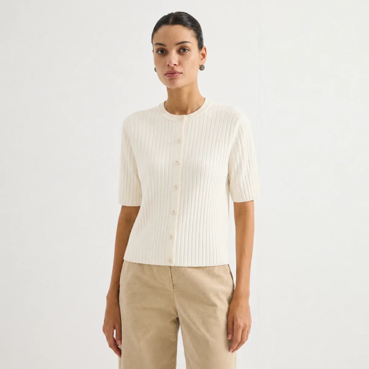 Women's Ribbed Knit Top with Short Sleeves and Button Placket