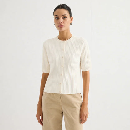 Women's Ribbed Knit Top with Short Sleeves and Button Placket