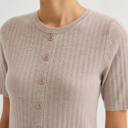 Women's Ribbed Knit Top with Short Sleeves and Button Placket