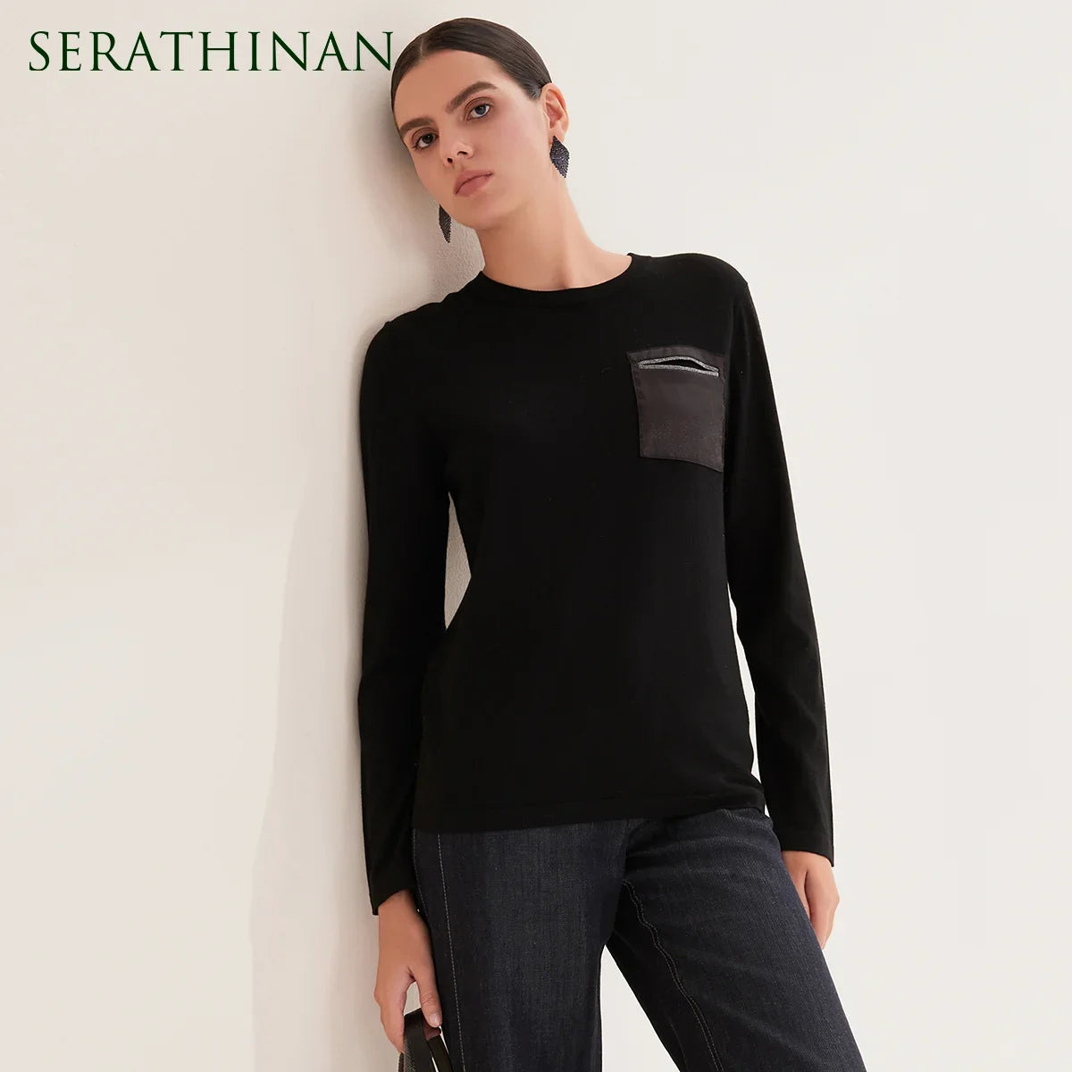 Women's Casual Crew-Neck Long-Sleeve Top with Chest Pocket