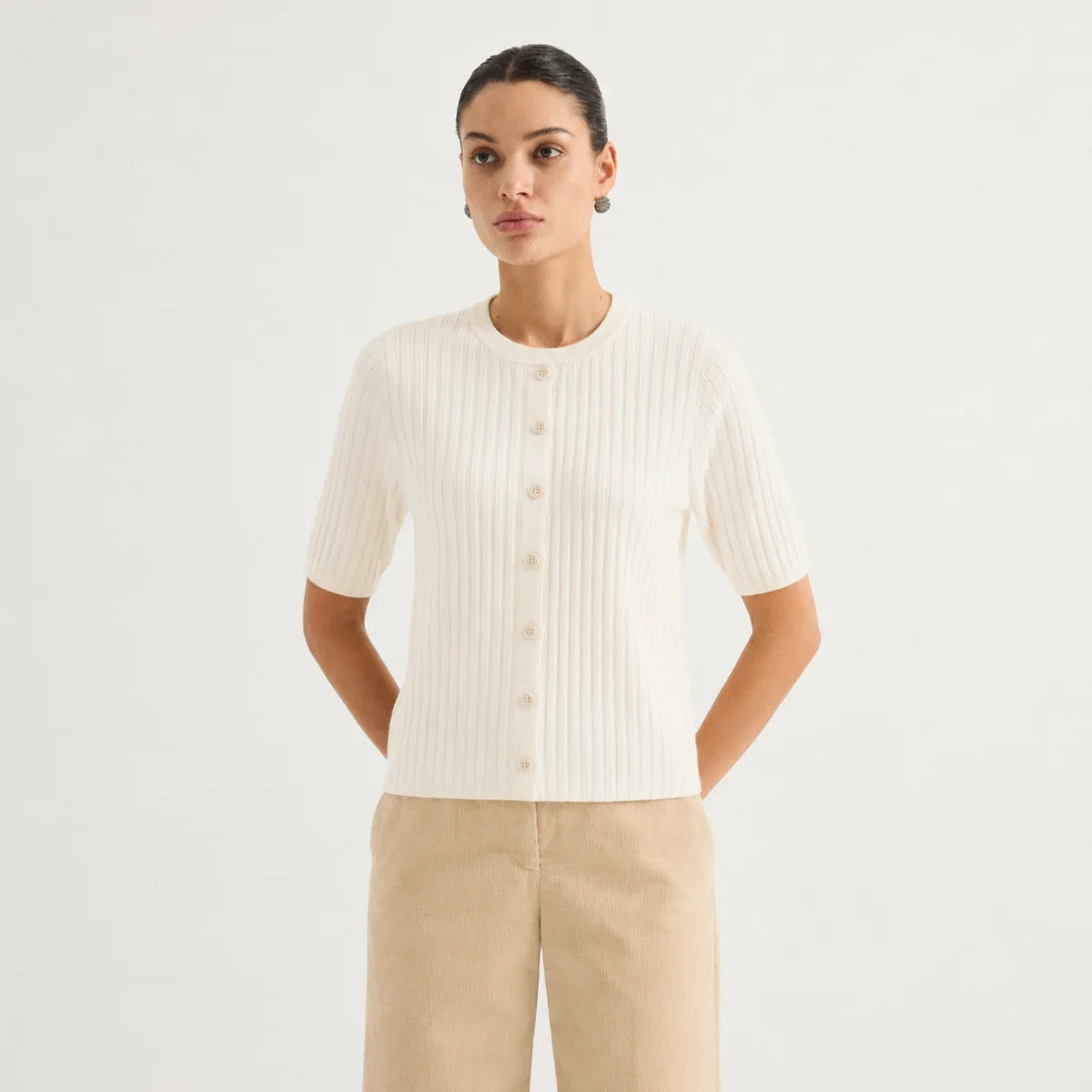 Women's Ribbed Knit Top with Short Sleeves and Button Placket