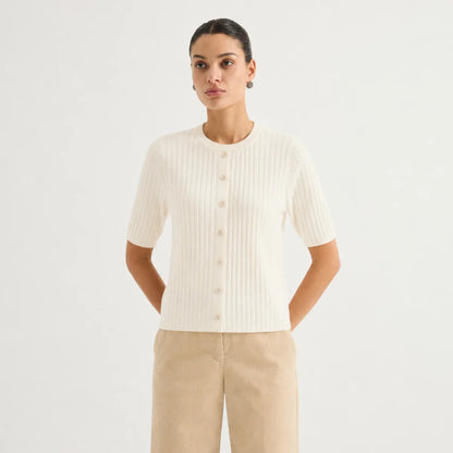 Women's Ribbed Knit Top with Short Sleeves and Button Placket