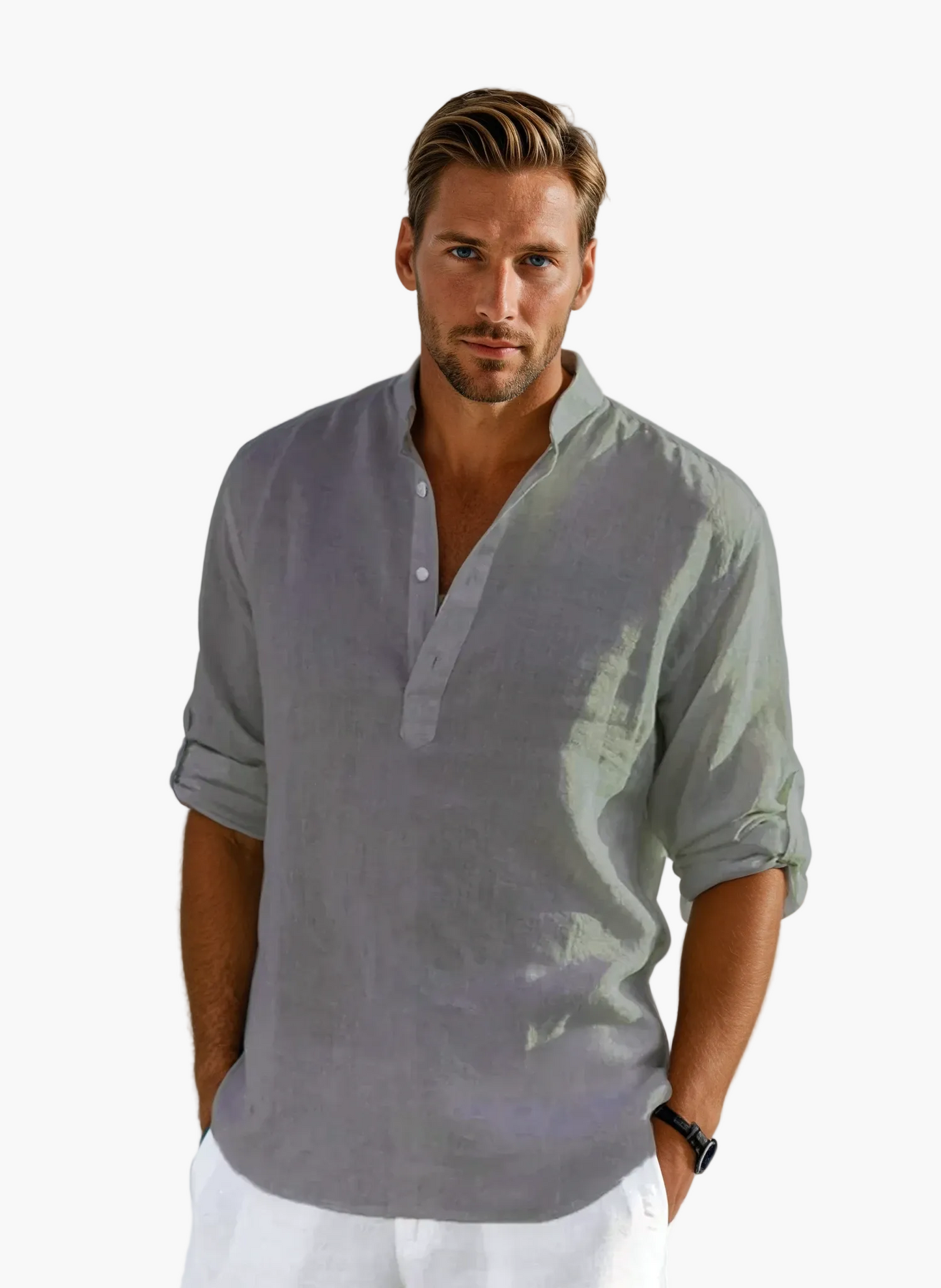 Men's Casual Shirt with Stand-Up Collar – Modern Long-Sleeve Shirt for Everyday, Office & Summer Occasions