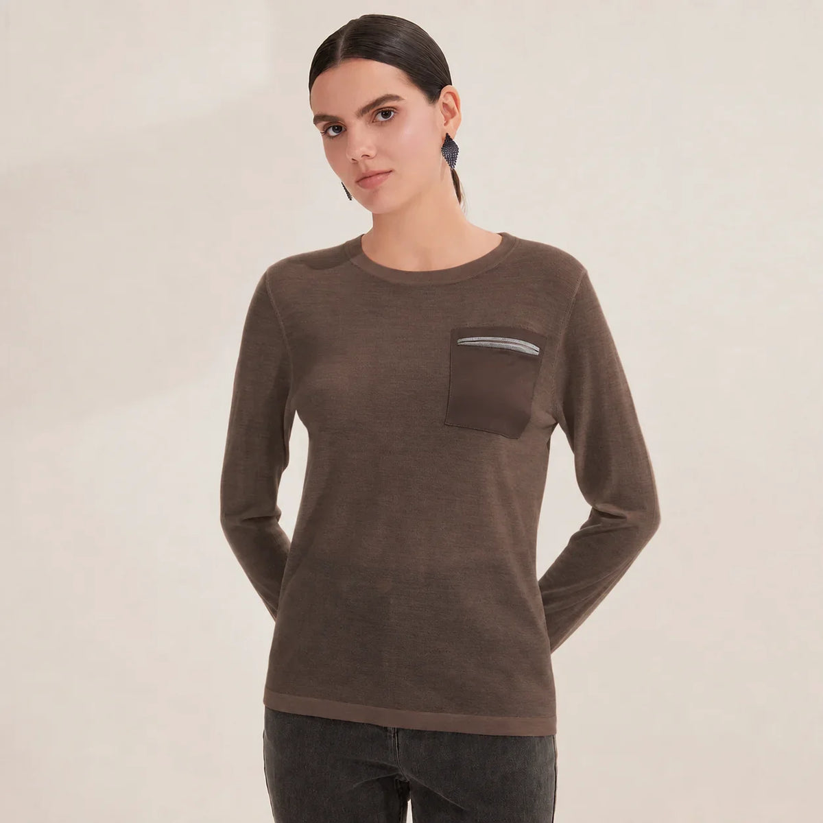 Women's Casual Crew-Neck Long-Sleeve Top with Chest Pocket