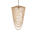 Hanglamp met gebogen strengen naturel houten kralen aan een ketting, met bovenkap van gevlochten touw