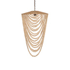 Hanglamp met gebogen strengen naturel houten kralen aan een ketting, met bovenkap van gevlochten touw