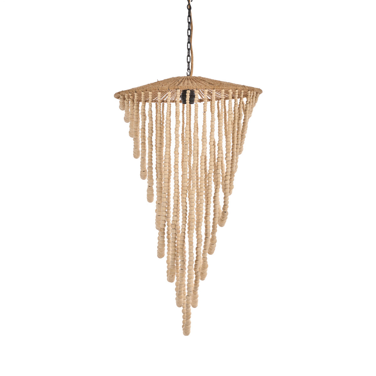 Hanglamp houten kralen naturel, handgemaakt, hout en ijzer – 47 x 47 x 80 cm, woonkamer en eetkamer