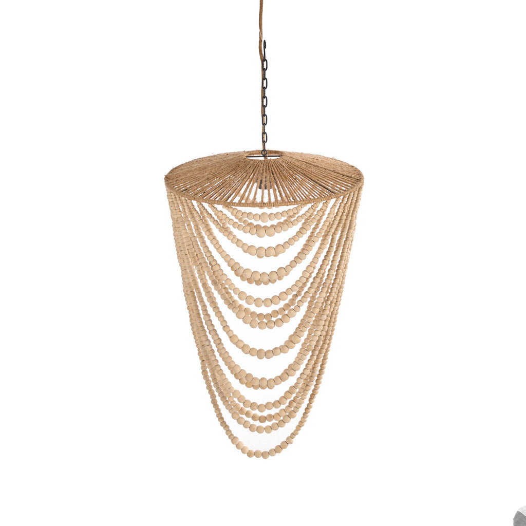 Hanglamp houten kralen naturel, handgemaakt, hout en ijzer – 47 x 47 x 80 cm, woonkamer en eetkamer