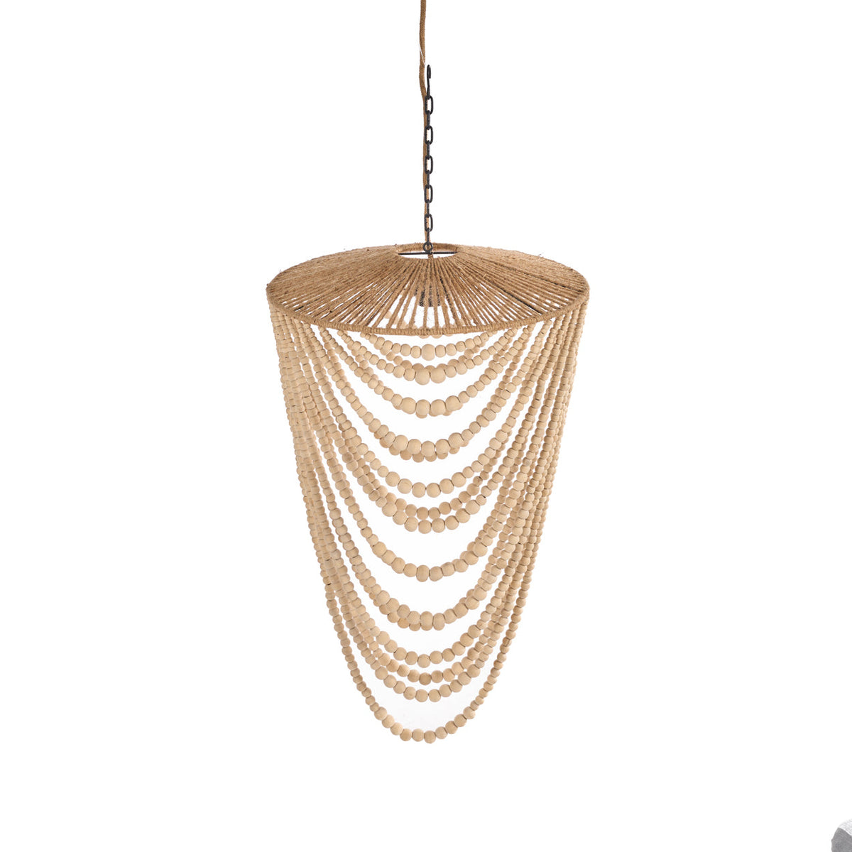 Hanglamp houten kralen naturel, handgemaakt, hout en ijzer – 47 x 47 x 80 cm, woonkamer en eetkamer