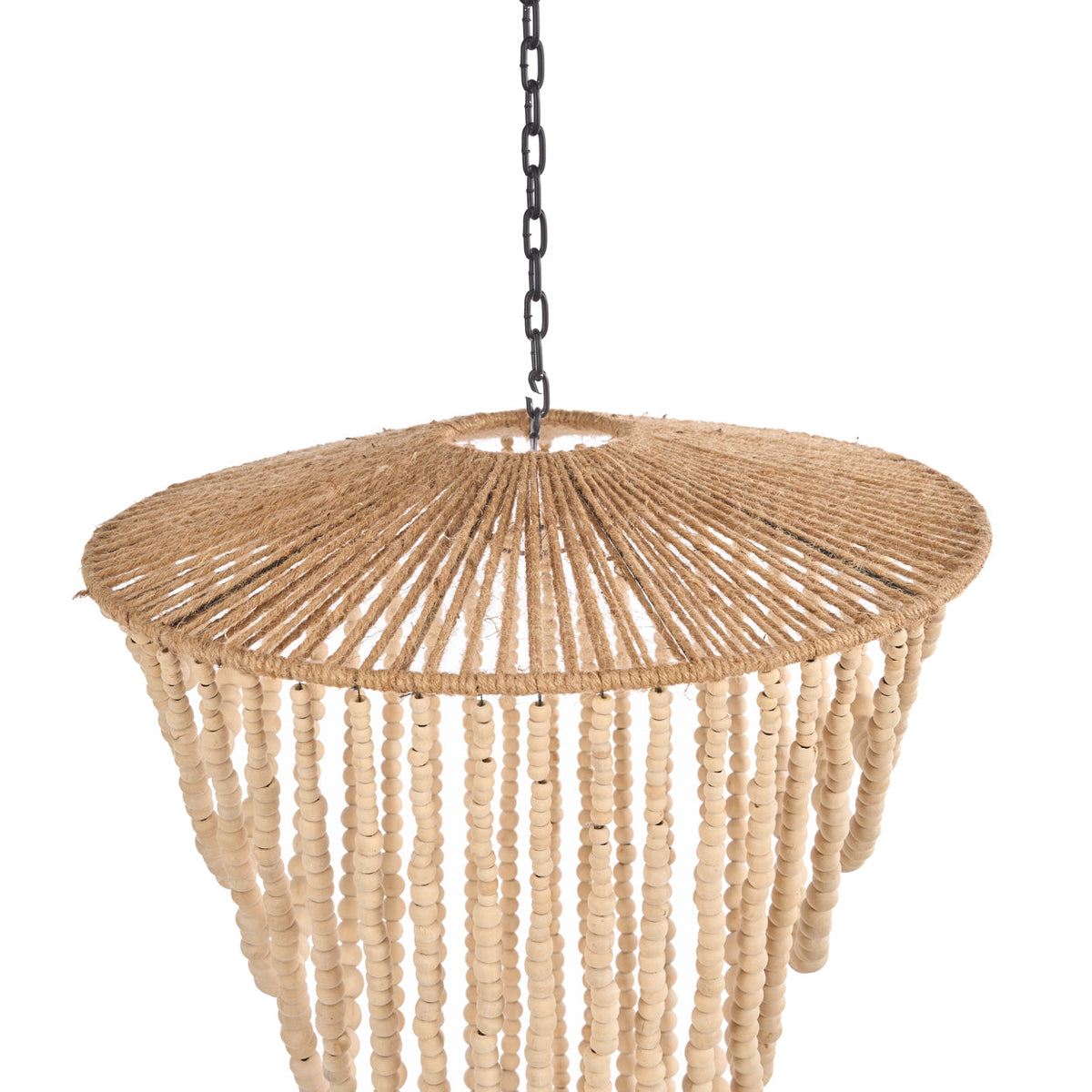 Hanglamp houten kralen naturel, handgemaakt, hout en ijzer – 47 x 47 x 80 cm, woonkamer en eetkamer