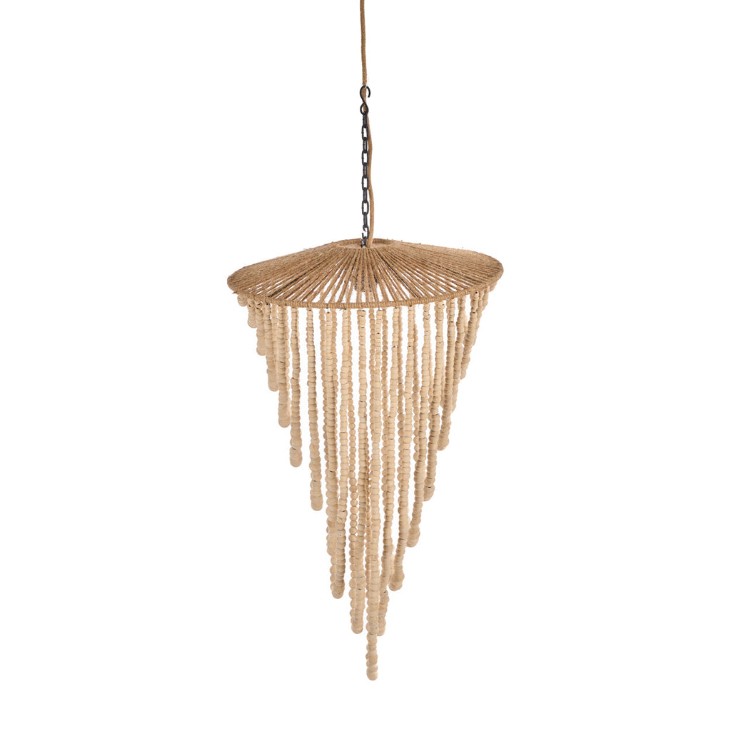 Hanglamp houten kralen naturel, handgemaakt, hout en ijzer – 47 x 47 x 80 cm, woonkamer en eetkamer