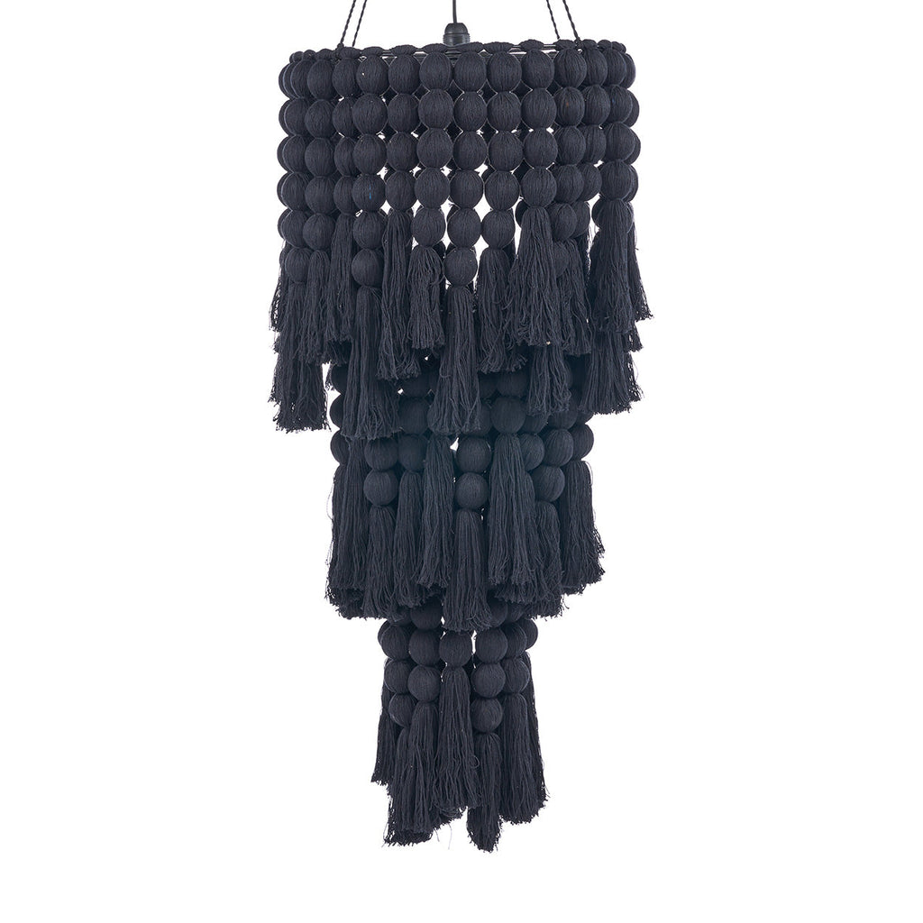 Zwarte katoenen hanglamp met drie lagen bollen en lange kwastjes