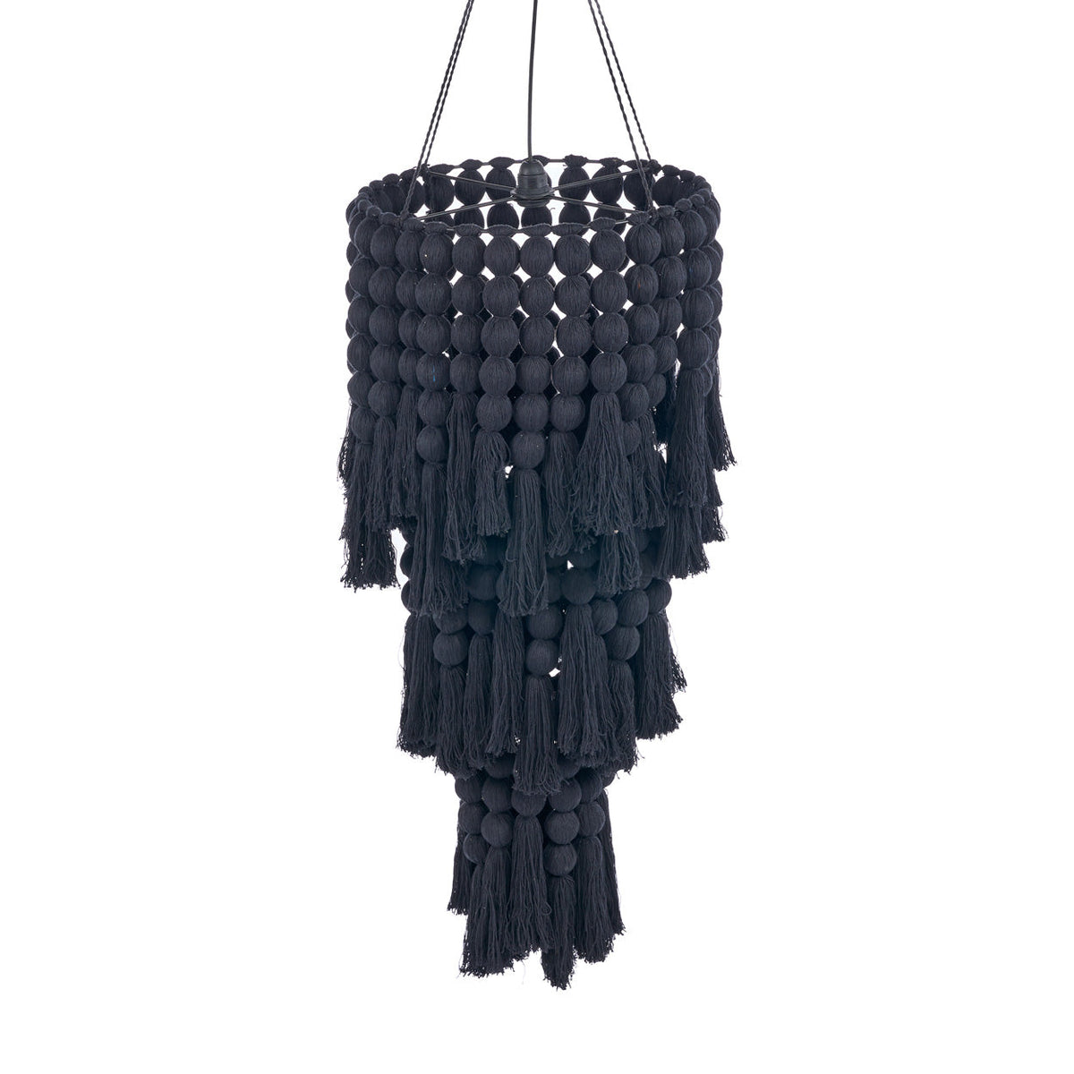 Hanglamp katoen zwart Nomad XL, handgemaakt met kwastjes – Ø 50 x 160 cm