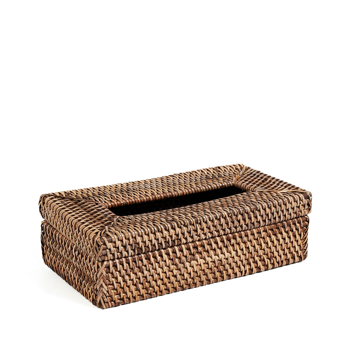 Rechthoekige tissuebox van bruin handgevlochten rotan met los deksel en opening bovenop