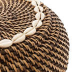 Opbergmand rotan met deksel en cowrieschelpen, naturel bruin, 23 x 23 x 15 cm