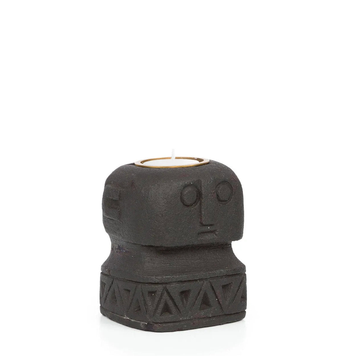 Kandelaar zandsteen Sumba Stone #26 handgehouwen gezicht, zwart – 8 x 8 x 10 cm