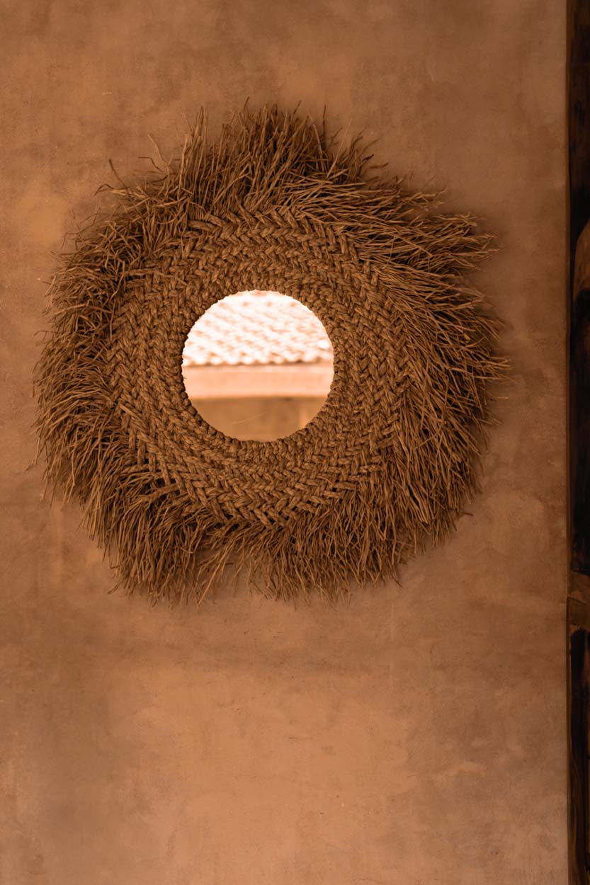 Spiegel waterhyacint Early Monday handgemaakt, naturel – 75 x 75 cm, rond met franje