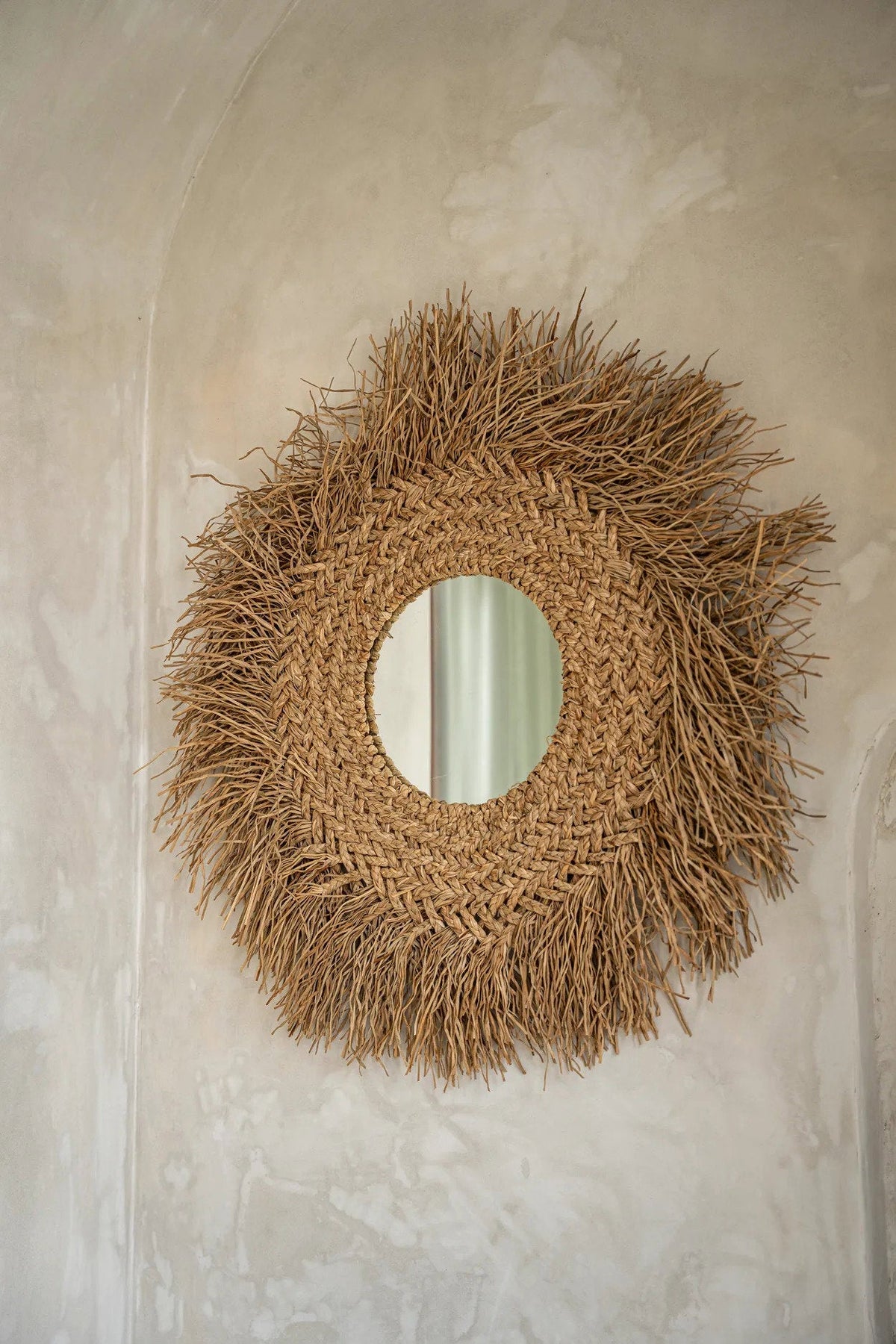 Spiegel waterhyacint Early Monday handgemaakt, naturel – 75 x 75 cm, rond met franje