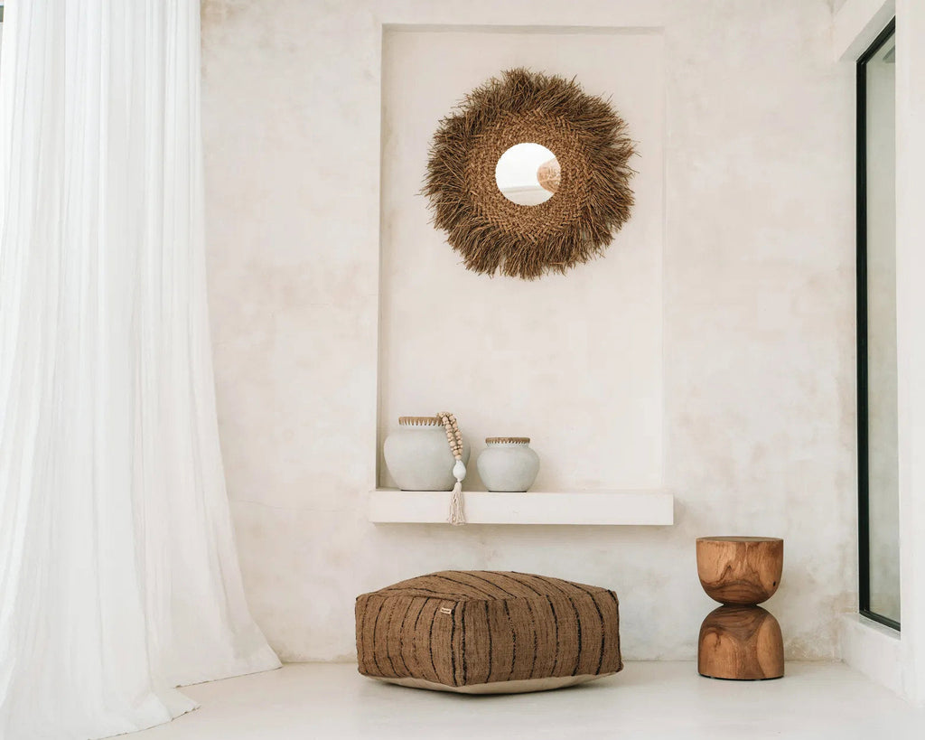 Spiegel waterhyacint Early Monday handgemaakt, naturel – 75 x 75 cm, rond met franje