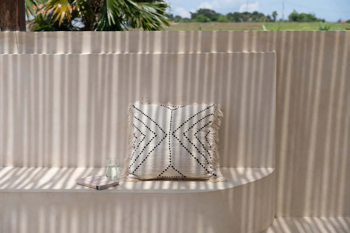 Kussenhoes katoen en raffia tribal boho natuurlijk zwart 50 x 50 cm, voor woonkamer en slaapkamer