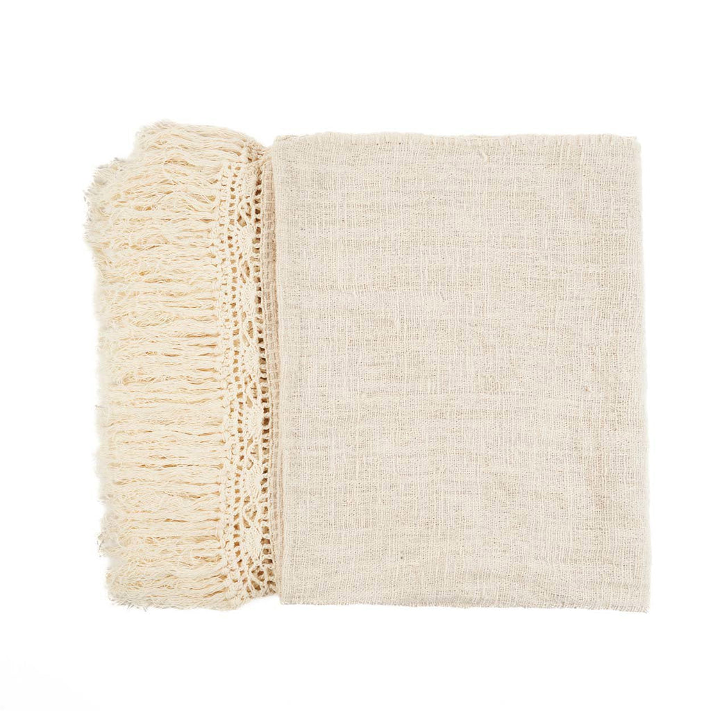 Plaid katoen Gypsy bohemien naturel 135 x 270 cm met franjes, voor bank en bed