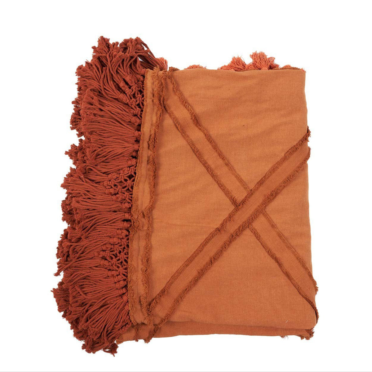 Plaid katoen Berber terracotta met kwastjes en franjes 240 x 300 cm, voor bed en bank