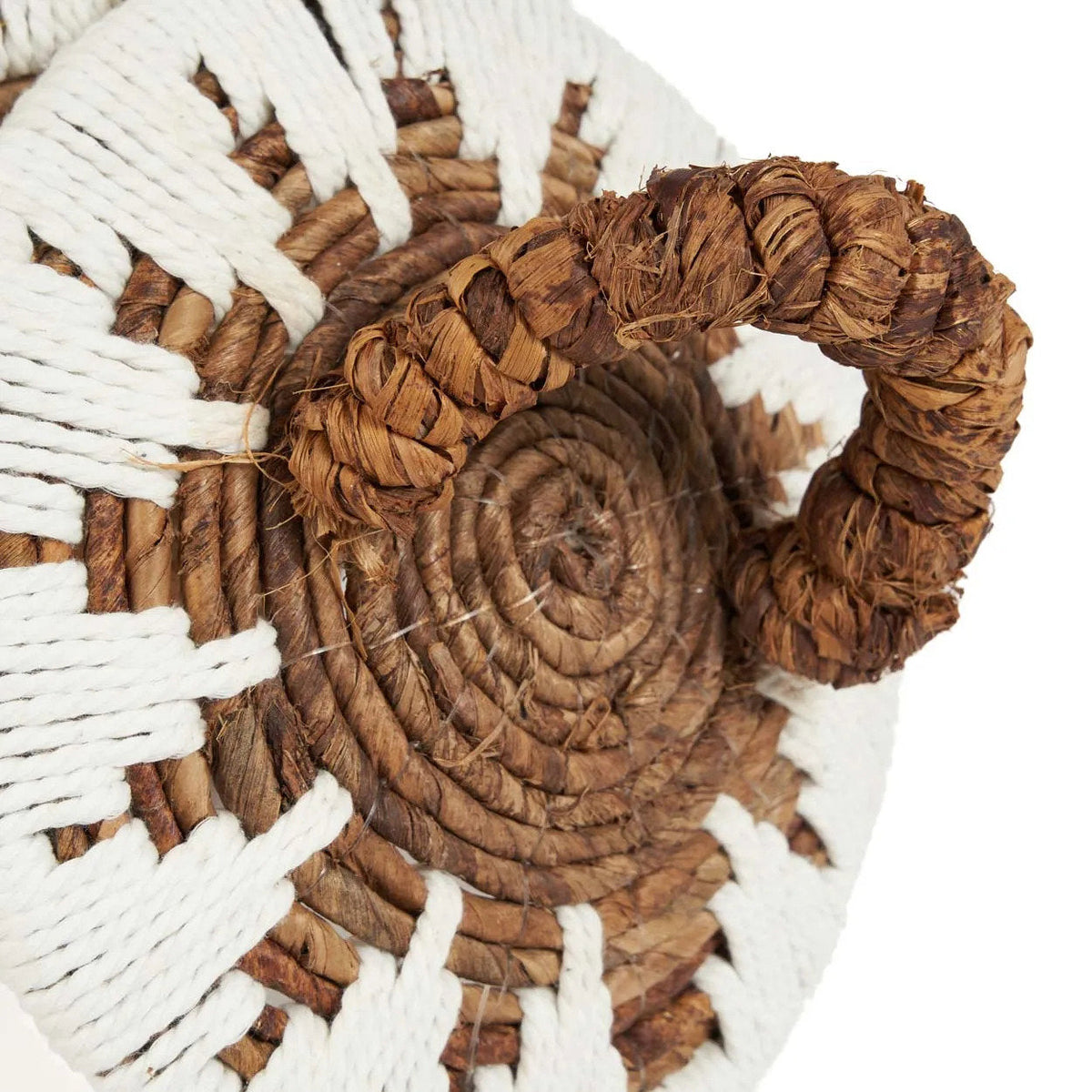 Mand met deksel bananenblad naturel wit met zwart zigzagpatroon, 27 x 27 x 40 cm, woonkamer