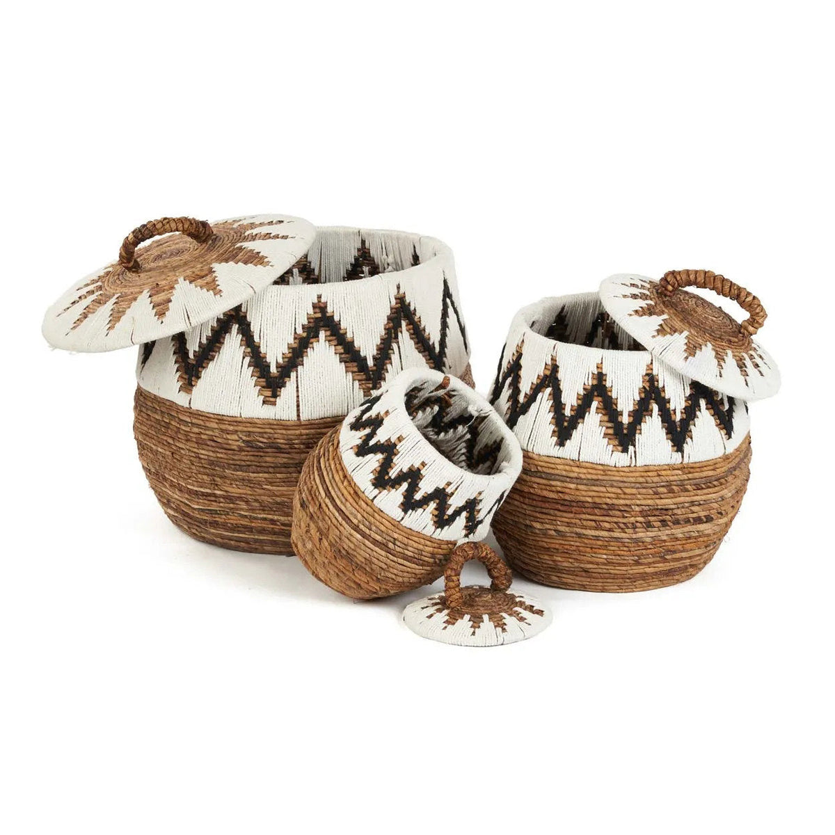 Mand met deksel bananenblad naturel wit met zwart zigzagpatroon, 27 x 27 x 40 cm, woonkamer