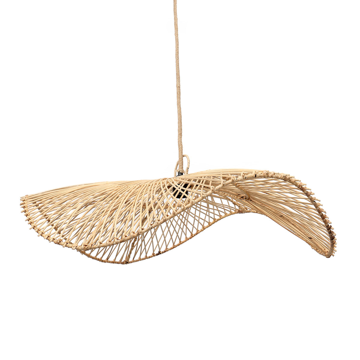 Rotan hanglamp Chapeau in naturel met golvende, hoedvormige kap, hangend aan een gevlochten snoer