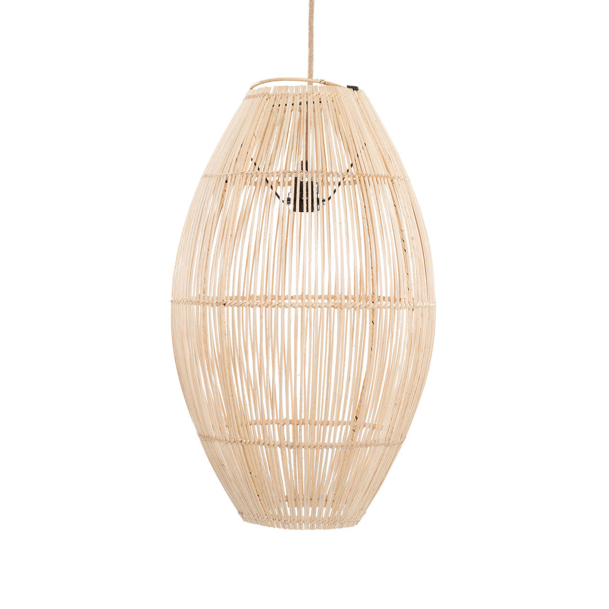 Ovale hanglamp van naturel rotan met open vlechtwerk en zichtbare lichtbron binnenin