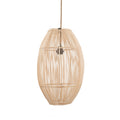 Ovale hanglamp van naturel gevlochten rotan met zichtbare zwarte fitting aan een touwachtig snoer