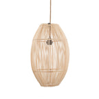 Ovale hanglamp van naturel gevlochten rotan met zichtbare zwarte fitting aan een touwachtig snoer