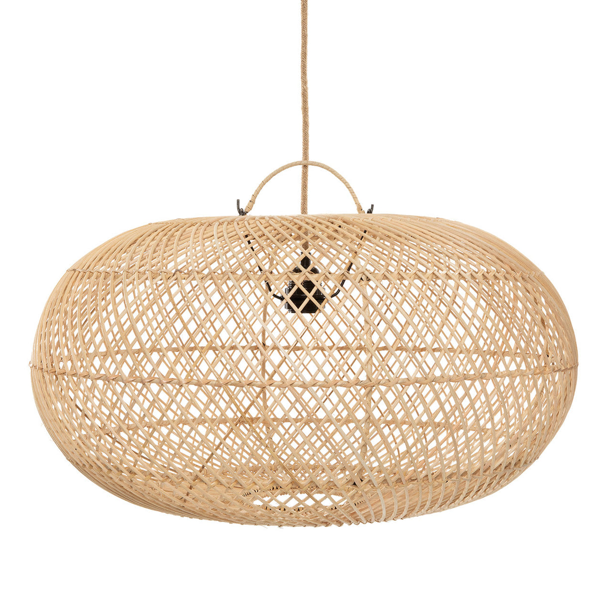 Ronde handgeweven rotan hanglamp in naturel, hangend aan een touwsnoer met zichtbare zwarte fitting
