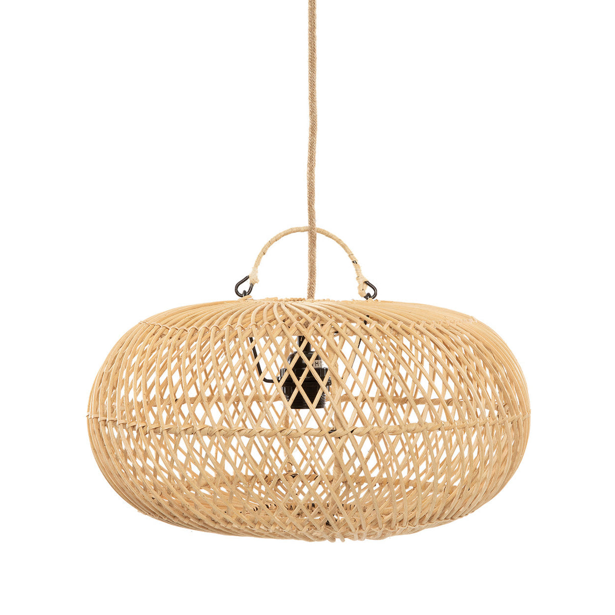 Ronde hanglamp van naturel gevlochten rotan met jute snoer en zwarte fitting zichtbaar door het open vlechtwerk