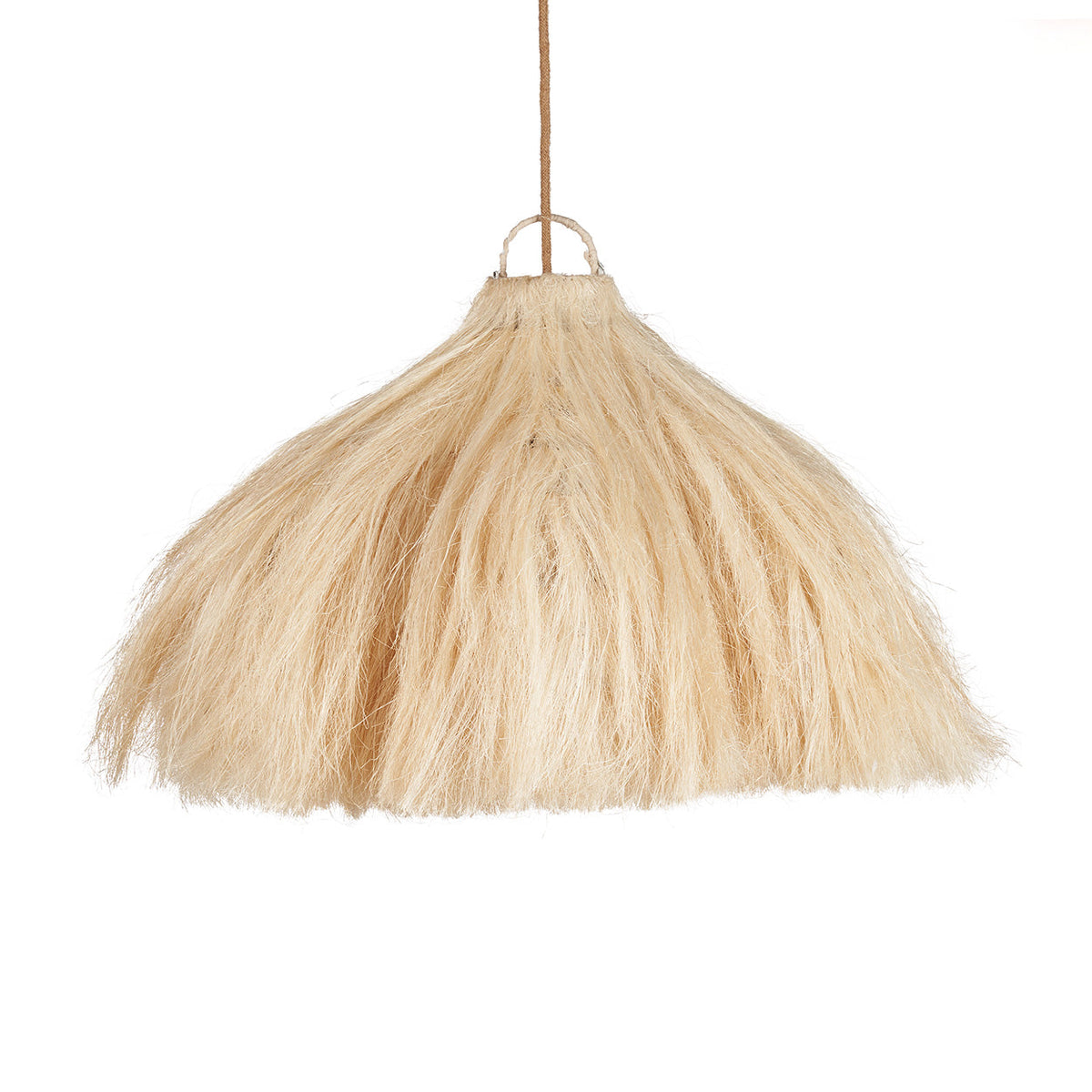 Ronde hanglamp van naturel hennepvezels met een brede, uitlopende kap en een bruin snoer