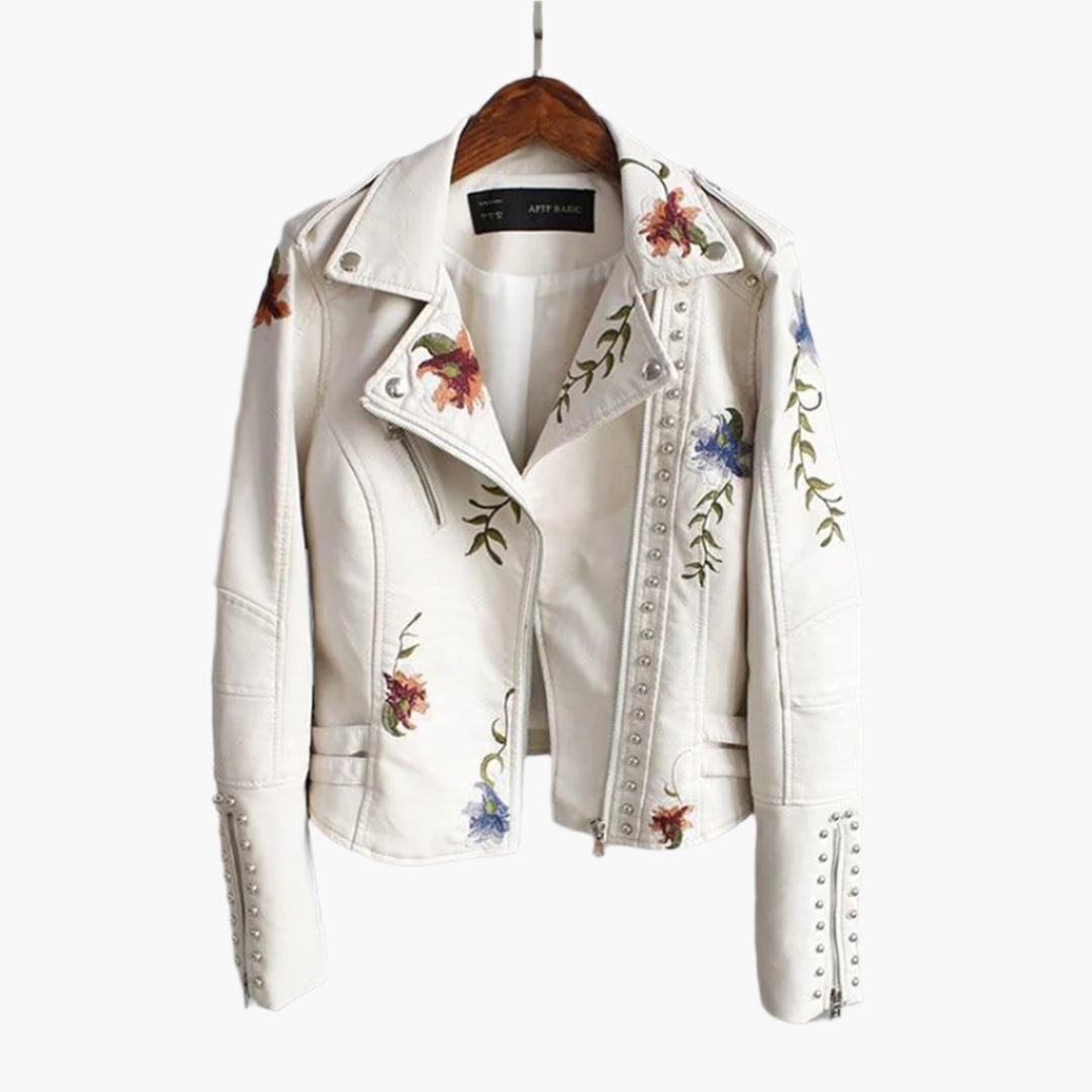 Women's biker jacket with floral embroidery – fashionable transitional jacket for stylish outfits