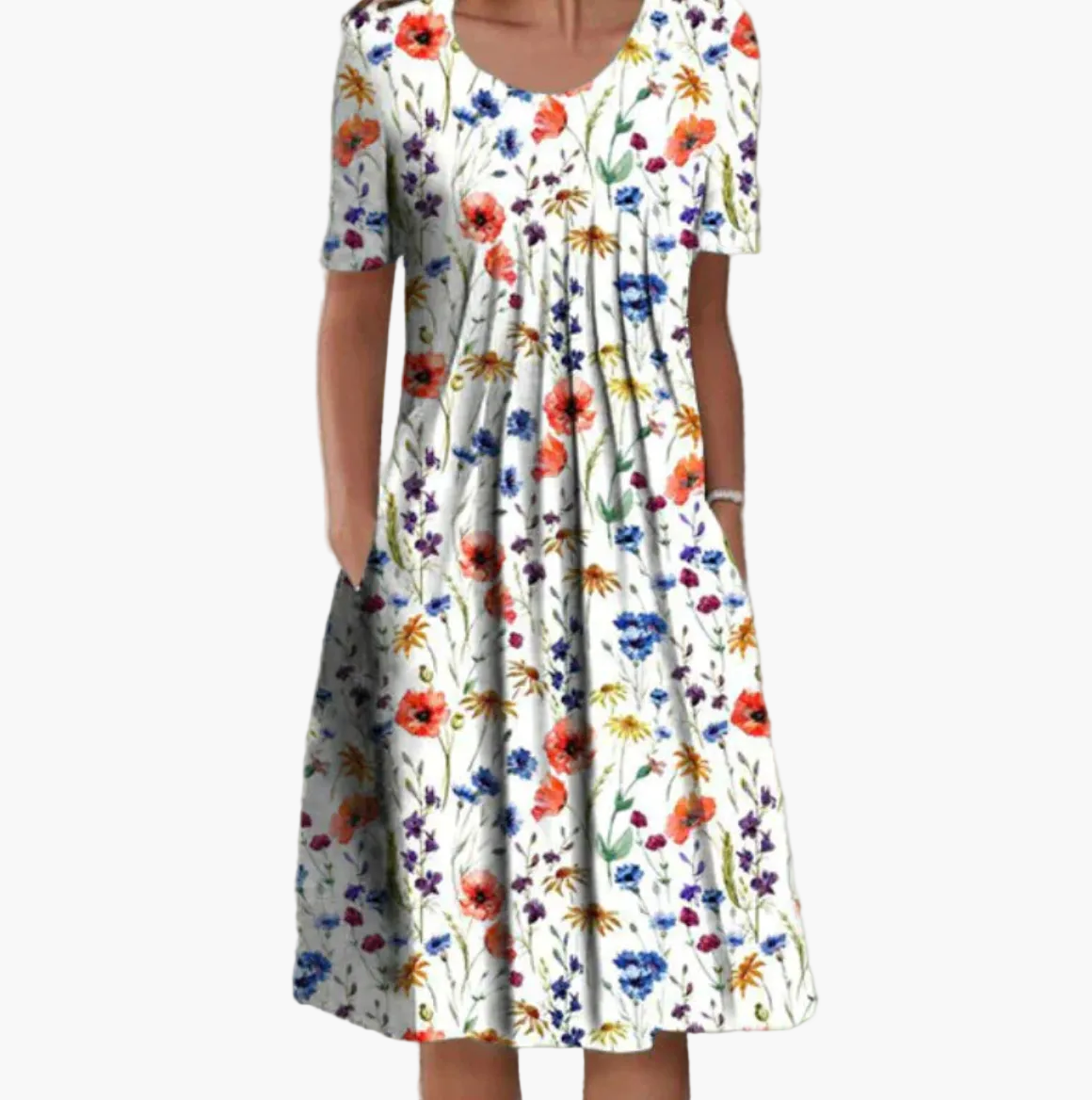 Women's summer dress with floral pattern – Loose mid-length dress with pockets, ideal for leisure and garden parties
