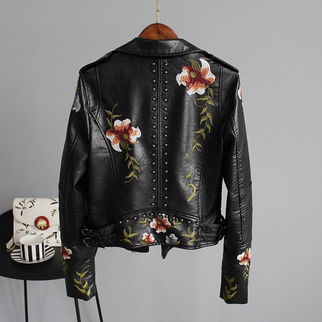 Women's biker jacket with floral embroidery – fashionable transitional jacket for stylish outfits