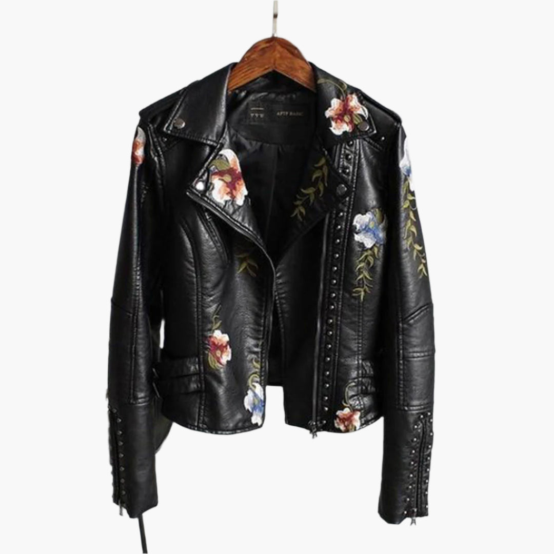 Women's biker jacket with floral embroidery – fashionable transitional jacket for stylish outfits