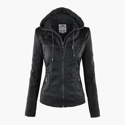 Women's Autumn Jacket Elegant Vegan Leather with Hood and Zipper – Fashionable Casual Jacket for Everyday and Outdoor