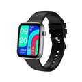 Zwarte vierkante smartwatch met kleurrijke wijzerplaat die tijd, stappen, hartslag en calorieën toont