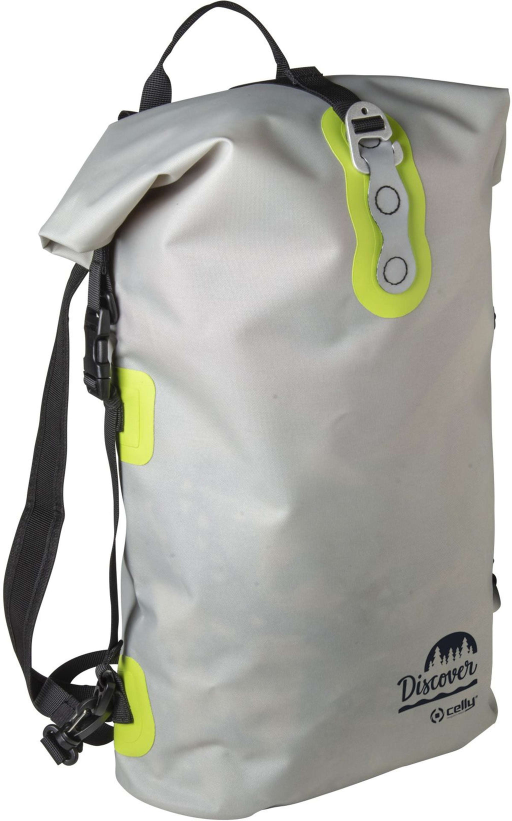 Grijze rolltop rugzak met limoengroene details, zwarte schouderband en Discover-opdruk