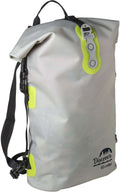Grijze rolltop rugzak met limoengroene details, zwarte schouderband en Discover-opdruk