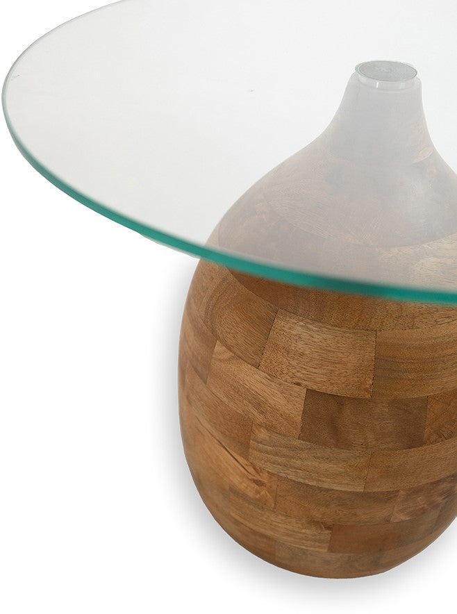Salontafel mangohout glas Stella, naturel met helder glasblad Ø 50 x 43 cm voor de woonkamer