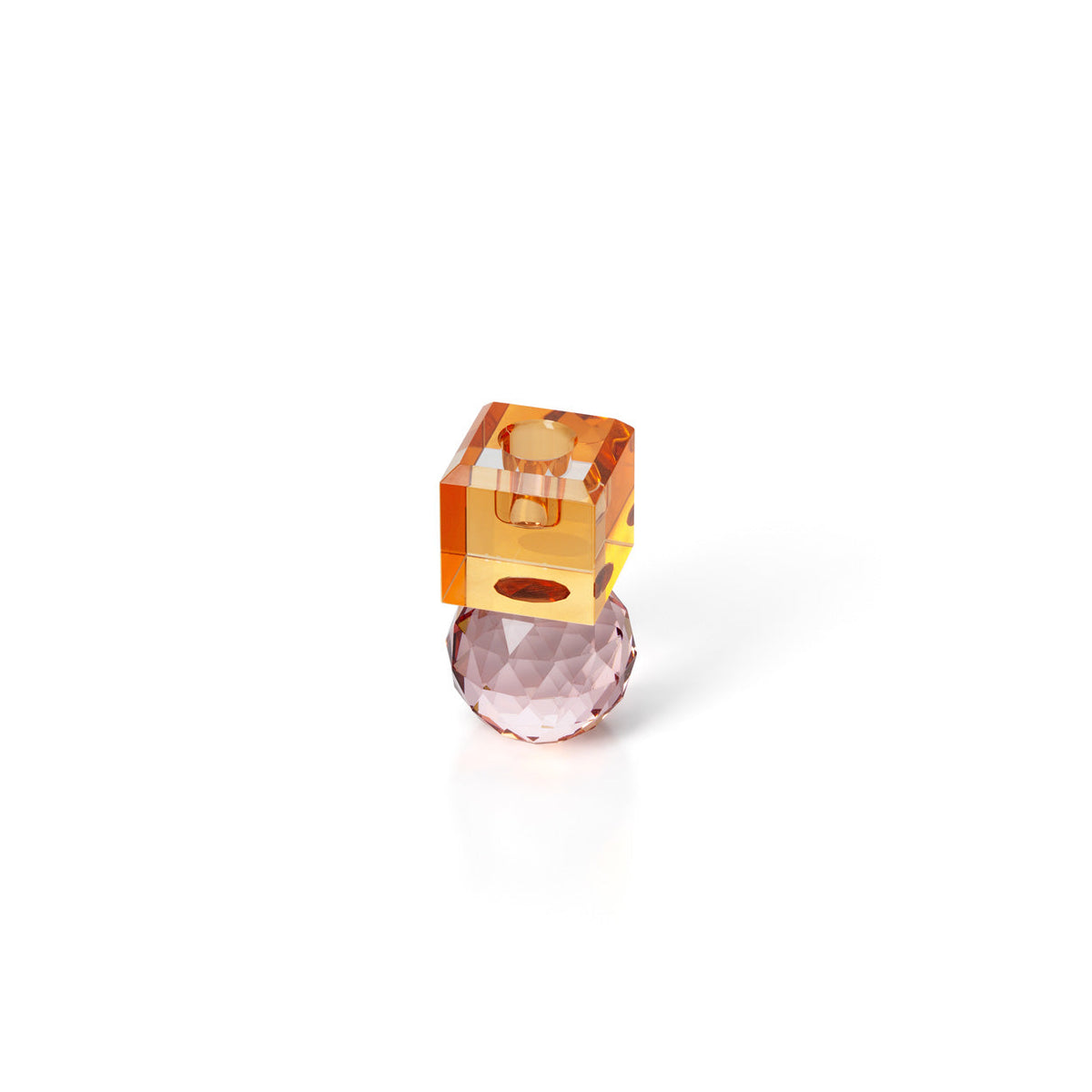 Kandelaar glas gefacetteerde roze voet met amberkleurige kubus, gerecycled glas, 6 x 6 x 10 cm, voor tafel of console